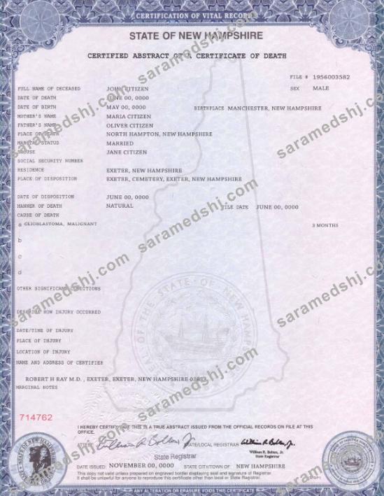 USA state New Hampshire death certificate template in PSD format